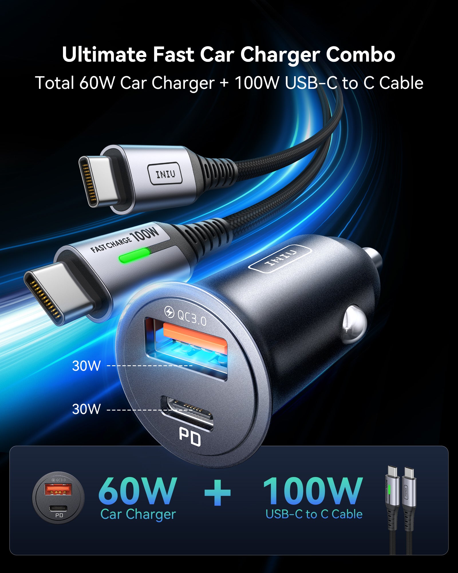 iniu-i710-60w-2-port-car-charger-with-3-3ft-100w-usb-c-cable-fast-dual-port-char image 3